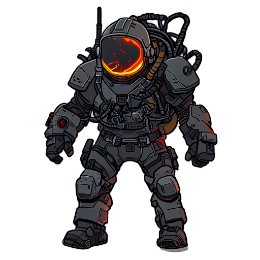 a battle-worn hell diver clad in futuristic heavy power armor, helmet domed with a glowing visor streaked by radiation burns. scavenged tech modules and wiring patch the suit’s surface. he’s sky-divin