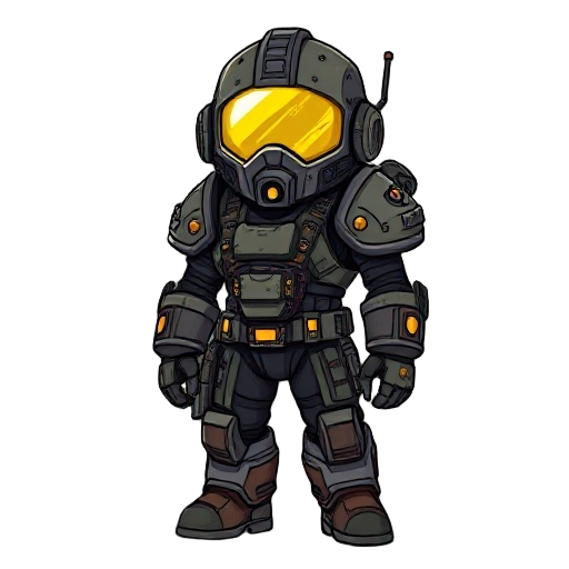 a battle-worn hell diver clad in futuristic heavy power armor, helmet domed with a glowing visor streaked by radiation burns. scavenged tech modules and wiring patch the suit’s surface. he’s sky-divin