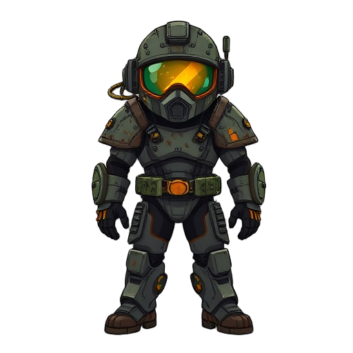 a battle-worn hell diver clad in futuristic heavy power armor, helmet domed with a glowing visor streaked by radiation burns. scavenged tech modules and wiring patch the suit’s surface. he’s sky-divin