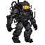 a battle-worn hell diver clad in futuristic heavy power armor, helmet domed with a glowing visor streaked by radiation burns. scavenged tech modules and wiring patch the suit’s surface. he’s sky-divin