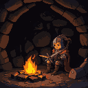 medieval knight sit by campfire in dungeon
