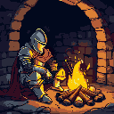 medieval knight in full plate amour sit by campfire in dungeon