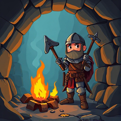 medieval soldier in dungeon with campfire