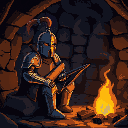 medieval knight in full plate amour sit by campfire in dungeon