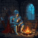 medieval knight in full plate amour sit by campfire in dungeon