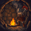 medieval soldier in dungeon with campfire