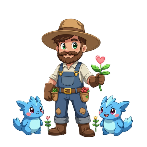 magical farmer who grows crops and raises creatures called heartlinks that look like digimon