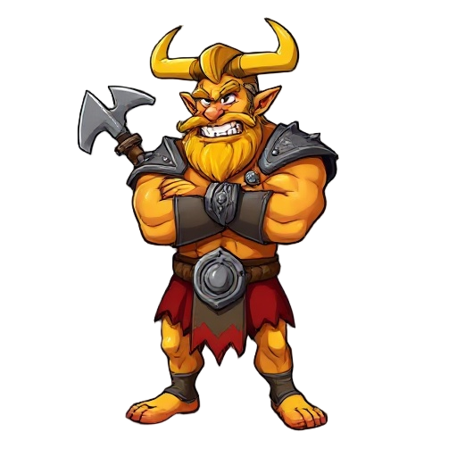 cyclops warrior, big muscular golden-yellow body, single eye, curved horn, fangs, confident grin, arms folded, spiked metal bracer, large axe-emblem belt, red torn loincloth, bare feet,