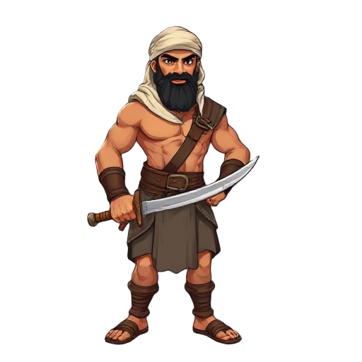 ancient arab fighter, strong build, tan skin, black beard, keffiyeh headwrap, curved arabic sword, leather armor, traditional sandals, confident stance, full-body, cel-shaded, clean lines, no backgrou
