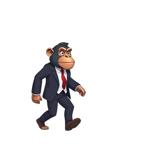 ape wearing suit walking to the right