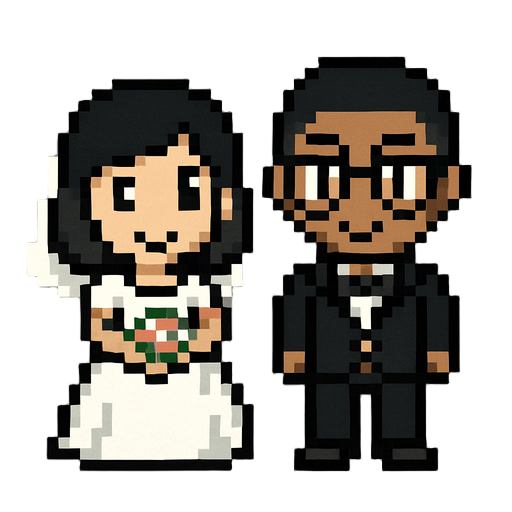 bride and groom in a pokemon style pixel character. bride has shoulder length black hair and light skin tone. groom has short black hair, glasses and medium skin tone