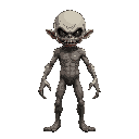 horror, humanoid, no skin, mostly exposed muscle, sharp needle like teeth, darkened eyes, tall, no hair.