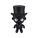 pitch black skin/clothing, top hat, white eyes