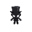 pitch black skin/clothing, top hat, white eyes