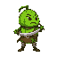 very round, green melon warrior holding a sword, looking to the right