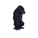 create a sprite of a black gorilla in a crouching idle stance, facing right, with a textured fur pattern, red accents on its face, hands, and feet, set against a plain gray background.