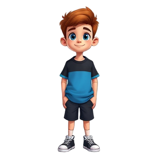um menino de 10 anos, cabelo castanho, olhos azuis, blusa de frio xadrez azul e preto, com uma camisa branca por baixo, calça preta, luva preta e tenis preto