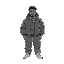 black and white, guy with baggy jeans, puffy jacket, white sneakers
