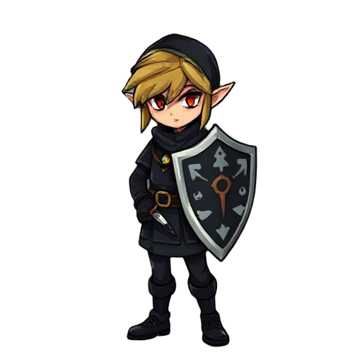 create a 2d character like link from the legend of zelda, but dressed entirely in black. he has a sword, a shield, and a mysterious, dark aura. his eyes glow faintly red, and his outfit is a dark vers