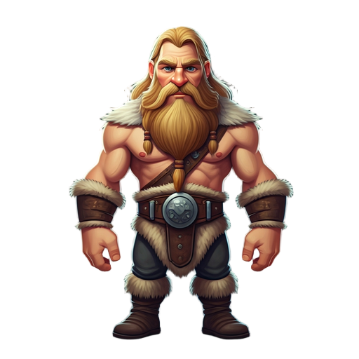 blonde barbarian, strong, long hair, beard, wearing simple cloths, realistic style.