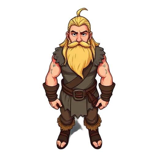 blonde barbarian, strong, long hair, beard, wearing simple cloths, realistic style.