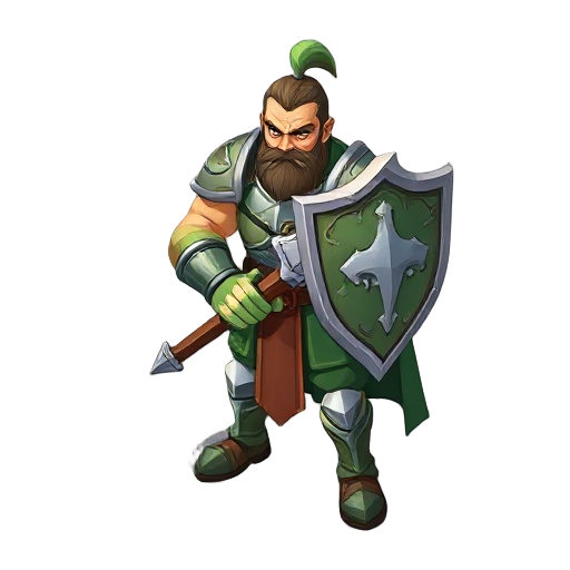 um guerreiro segurando um escudo grande como sua arma principal, ele é grande e forte, possui cores verdes e cinza
