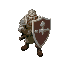 um guerreiro segurando um escudo grande como sua arma principal, ele é grande e forte, possui cores verdes e cinza