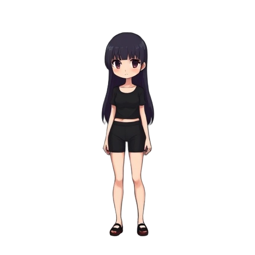 8bit girl with narrow face and waist, long hair, black top and black panties