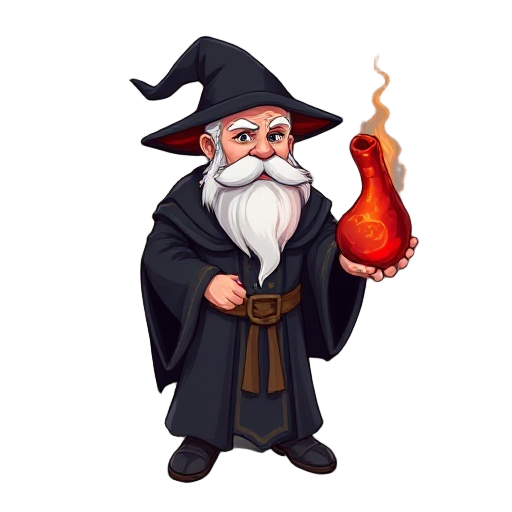a wizard with white beard and black robe holding a red glowing meat in his hands. 