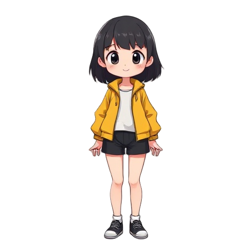 girl,black hair,yellow jacket,black shorts,curly short body,growing,growth,legs growing,