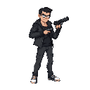 a full body view of a delinquent with a gun