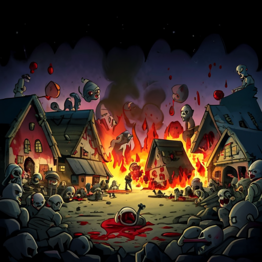 a village being destroyed by goblins with blood and many dead victims, it should be gory and in a perspective view that someone is hiding while the village is burning around them at night.