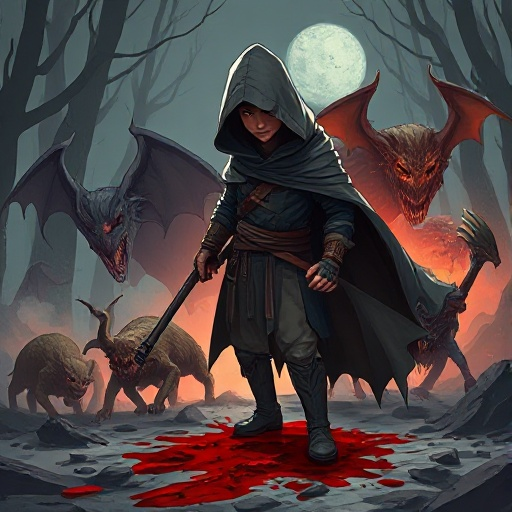 someone hunting animals in a cloak covering his identity leaving a bloody mess behind him after killing demonic creatures.