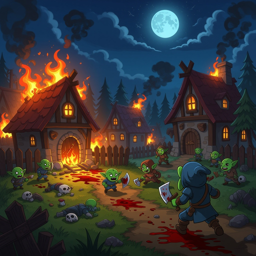 a village being destroyed by goblins with blood and many dead victims, it should be gory and in a perspective view that someone is hiding while the village is burning around them at night.