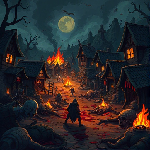 a village being destroyed by goblins with blood and many dead victims, it should be gory and in a perspective view that someone is hiding while the village is burning around them at night.