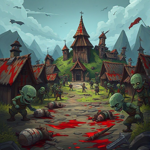a village being destroyed by goblins with blood and many dead victims, it should be gory and in a perspective view that someone is hiding