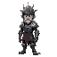 very skinny and average height but wears  very heavy armour of dull grey iron, his helmet is very thick with quite short spikes, the armour at his extremities (including his helmet) is a bigger