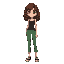girl black tank top, green pants, curly brown hair and brown eyes, tall, slender