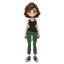 girl black tank top, green pants, curly brown hair and brown eyes, tall, slender