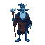 medieval  evil powerful blue monstrous elder wizard  with a clear walking posture. designed for a retro style farm simulation game.