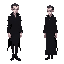 medieval  tall red-eyed vampire  pale skin  black clothes  with a clear walking posture. designed for a retro-style farm simulation game.