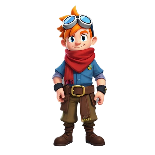 i want a character that has a blue shirt, a giant belt, orange hair, a red scarf and goggles on top of his head. 