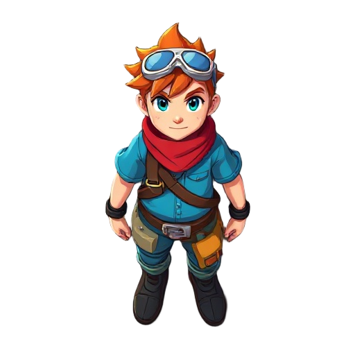 i want a character that has a blue shirt, a giant belt, orange hair, a red scarf and goggles on top of his head. 