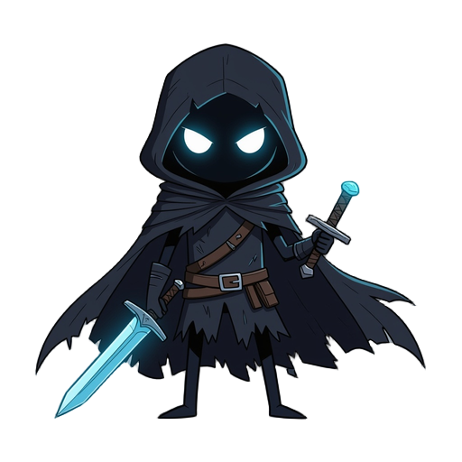 minimalist dark stick figure. wears a tattered black cape. has two glowing blue eyes. holds a sword with a blue flame. dark, atmospheric style.