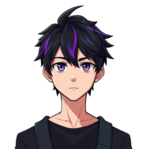 an emo guy with black hair with purple streak