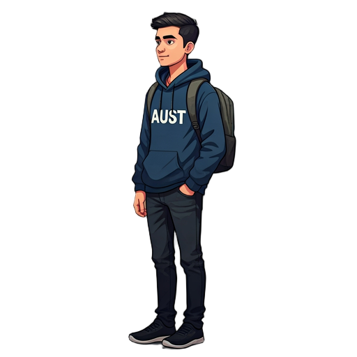 create a high-quality 2d side-view character of a bangladeshi male student wearing black shoes, black jeans, navy blue hoodie with "aust" on the front, and a backpack. clean, detailed, professional sprite 