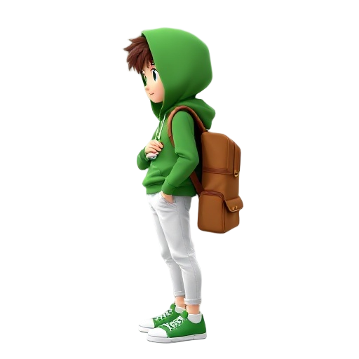 a student character sideways 2d photo wearing green and white shoe green hoddie white pant with a bag .aust in named in front of the hoddie 