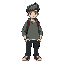 generiere einen pokemontrainer mit einem beigen rollkragenpullover und einer schwarzen jeans der mittellange lockige haare hat und ein handy in der rechten hand trägt