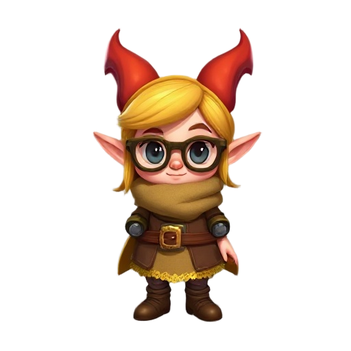geta (the cunning inventor) ras: gnome of halfling vrouw uiterlijk:  klein van stuk, springerig  wilde rode haren in een knotje met gereedschap erin  grote bril met lenzen die zij verschuift 