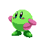 faz um personagem bola estilo kirby só que verde com várias cores, com uma mão bola e outra quadrada com um gorro  só que roxo,  e faz as movimentações do lado direito e girando 